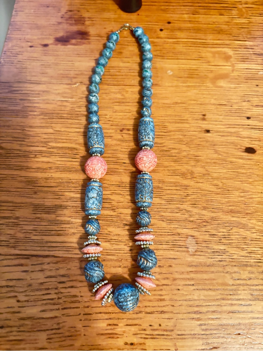 Blue and Coral Beaded Statement Necklace - Unbranded